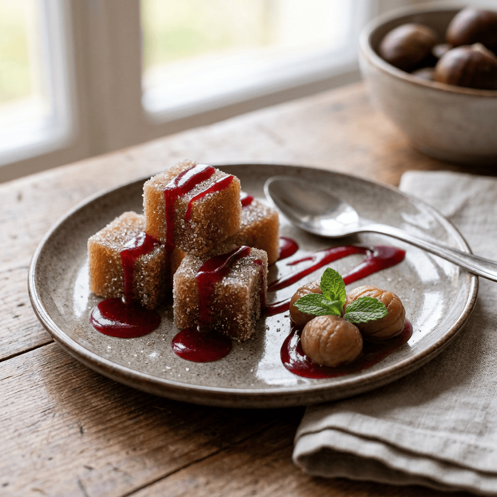 Sugar-coated dessert cubes with caramel sauce, chestnuts, mint, and spoon